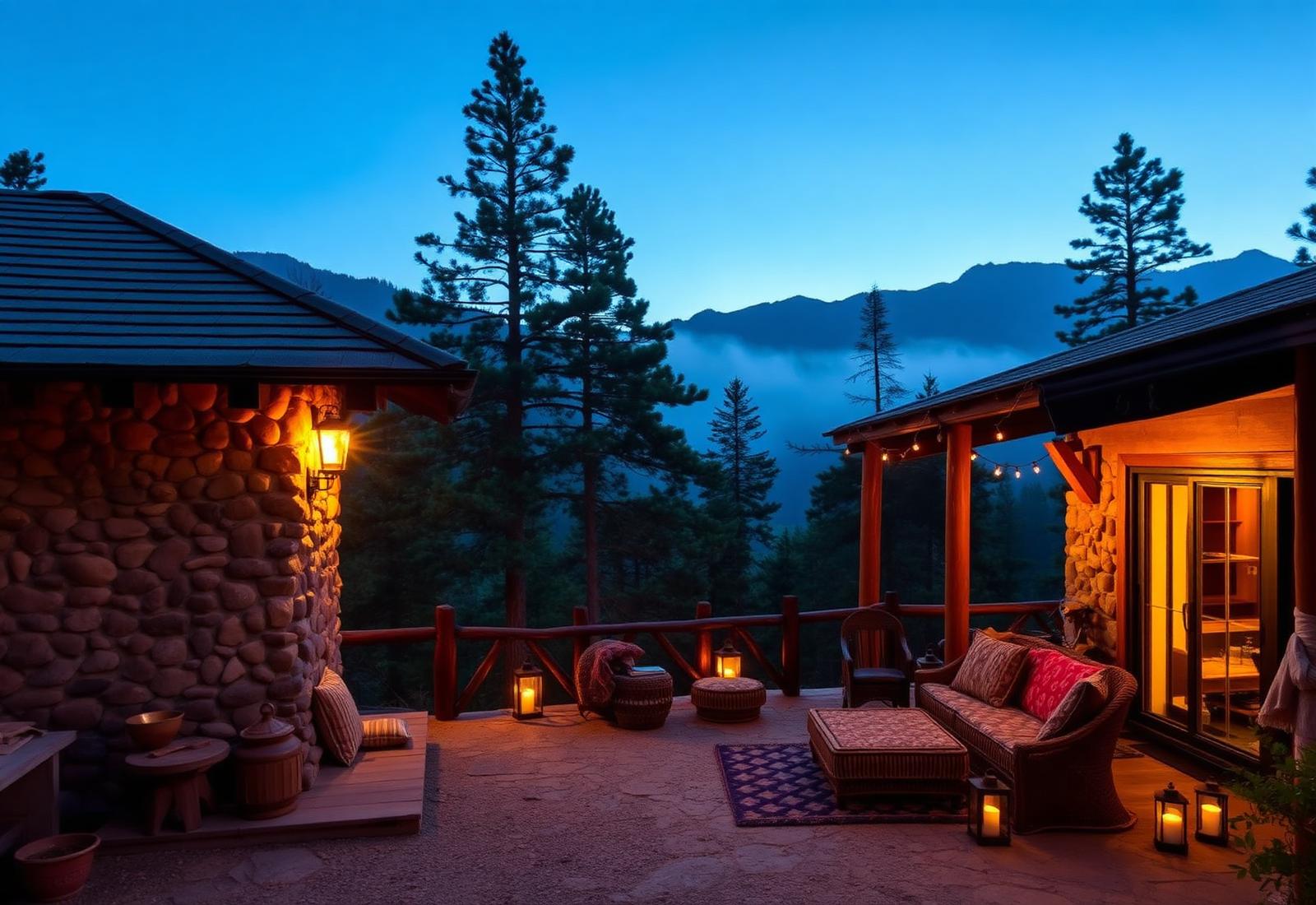 Homestay cottage in the mountains at golden hour